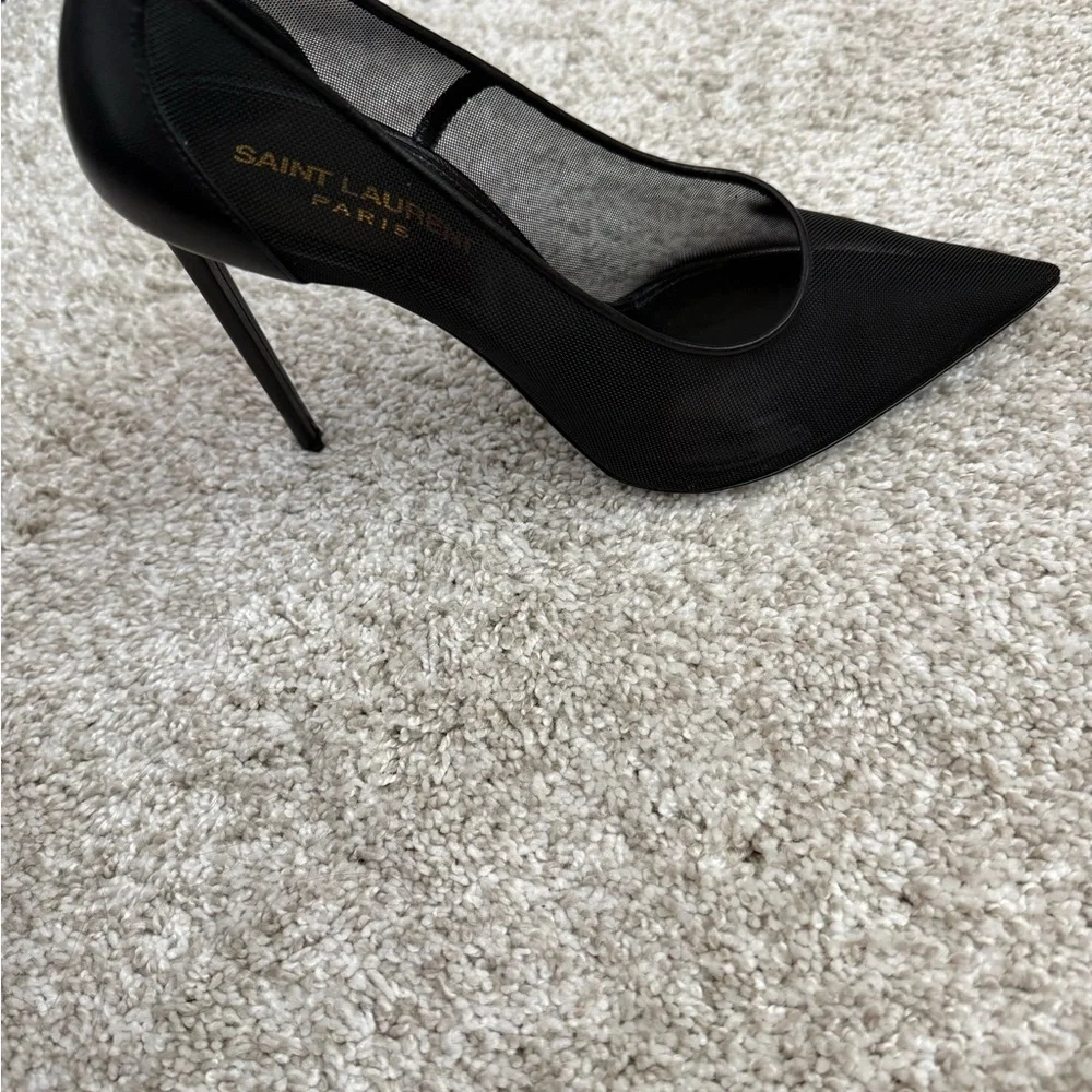 Saint Laurent Black Pointed Satin Pumps with Gold Insole Logo - Picture 3 of 7